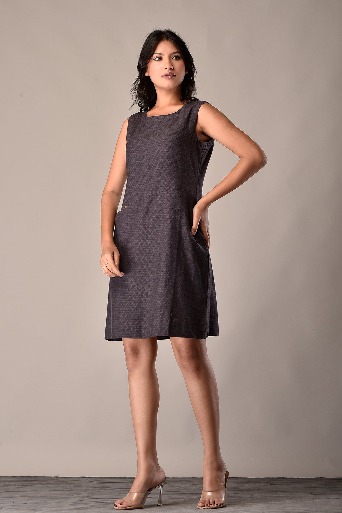 Short Shift Dress in Charcoal Handloom Cotton