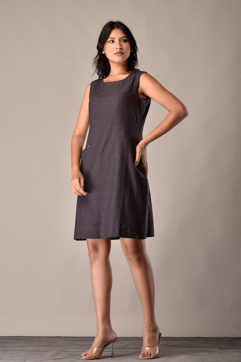 Women's Short Shift Dress in Charcoal Handloom Cotton