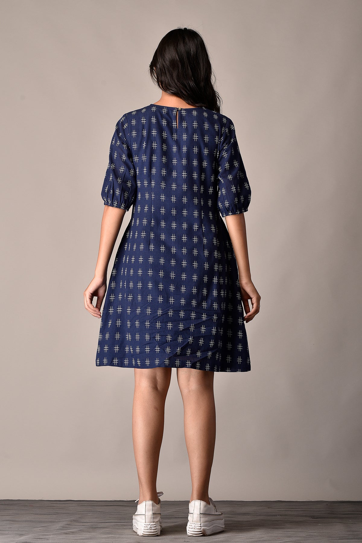 Handloom Cotton Dress in Blue Ikat