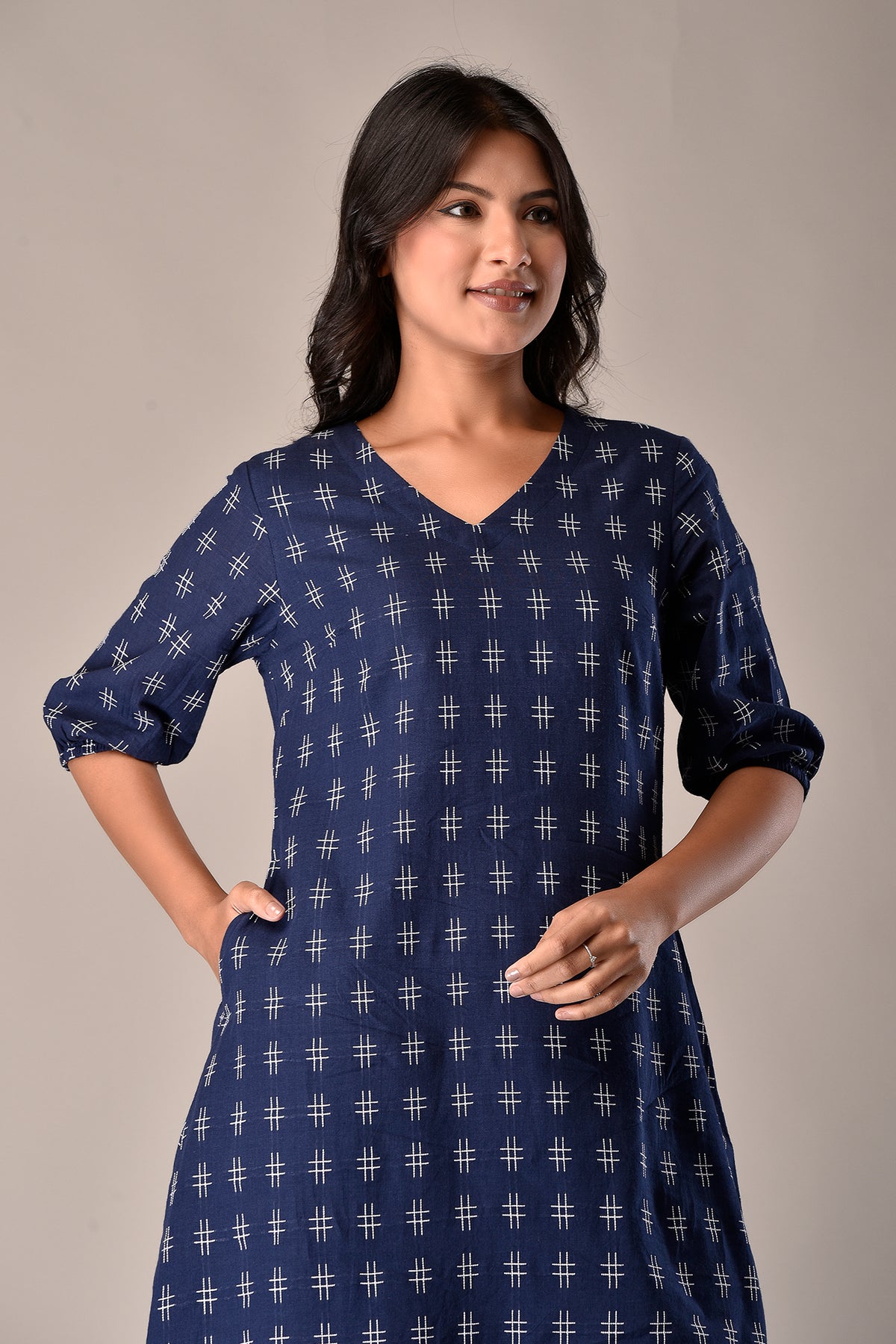 Handloom Cotton Dress in Blue Ikat