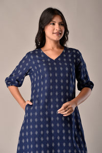 Handloom Cotton Dress in Blue Ikat