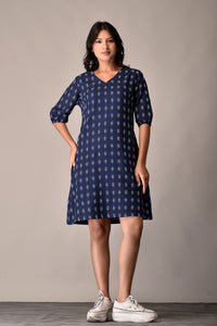 Handloom Cotton Dress in Blue Ikat