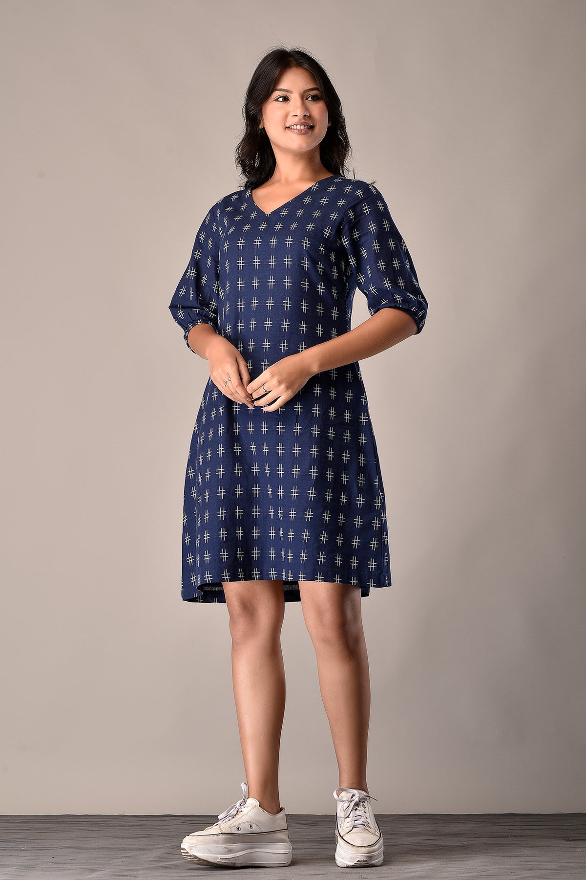 Handloom Cotton Dress in Blue Ikat