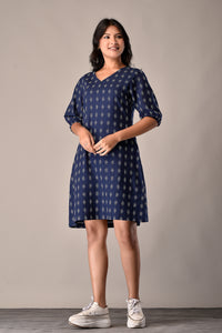 Handloom Cotton Dress in Blue Ikat