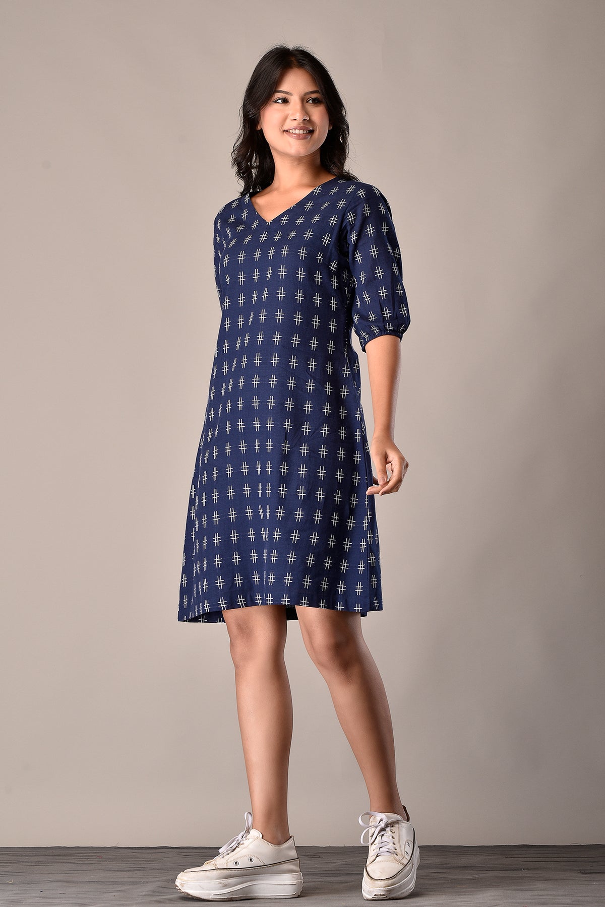 Handloom Cotton Dress in Blue Ikat