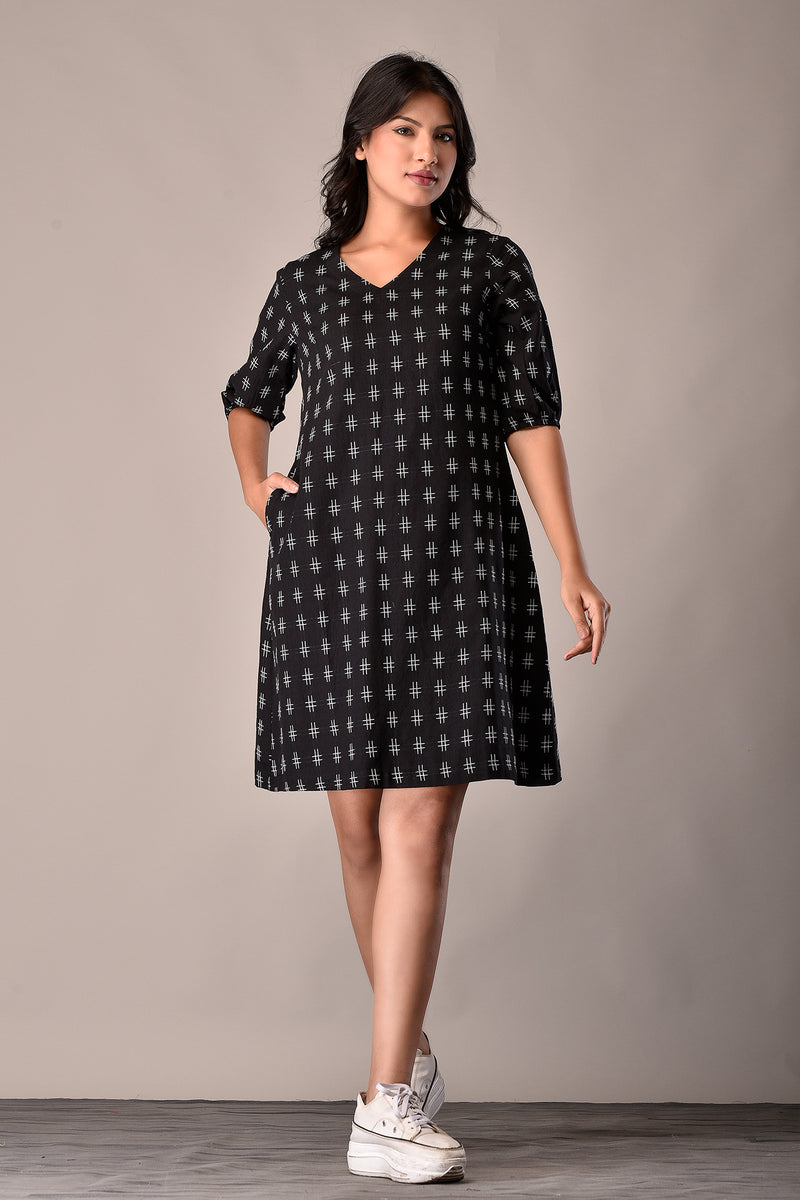 Handloom Cotton Dress in Black Ikat