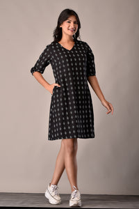 Handloom Cotton Dress in Black Ikat