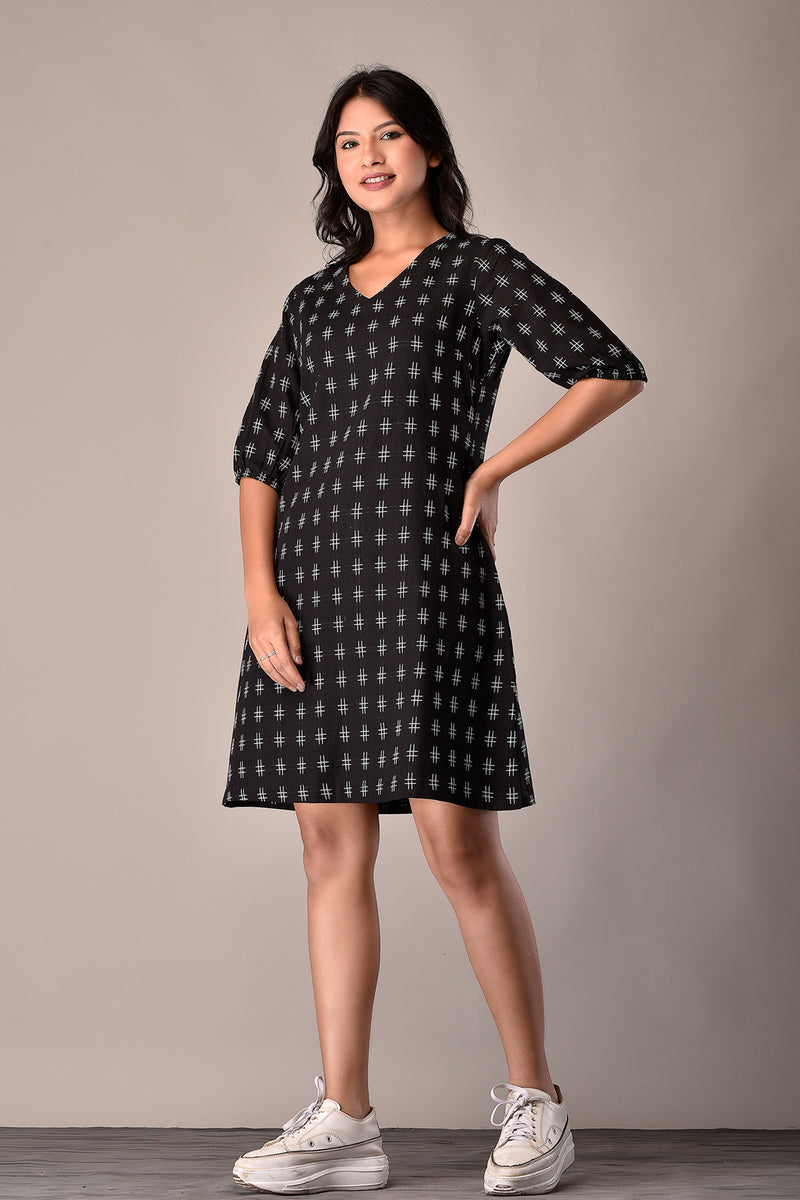 Handloom Cotton Dress in Black Ikat