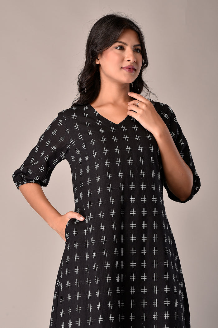 Handloom Cotton Dress in Black Ikat