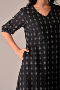 Handloom Cotton Dress in Black Ikat