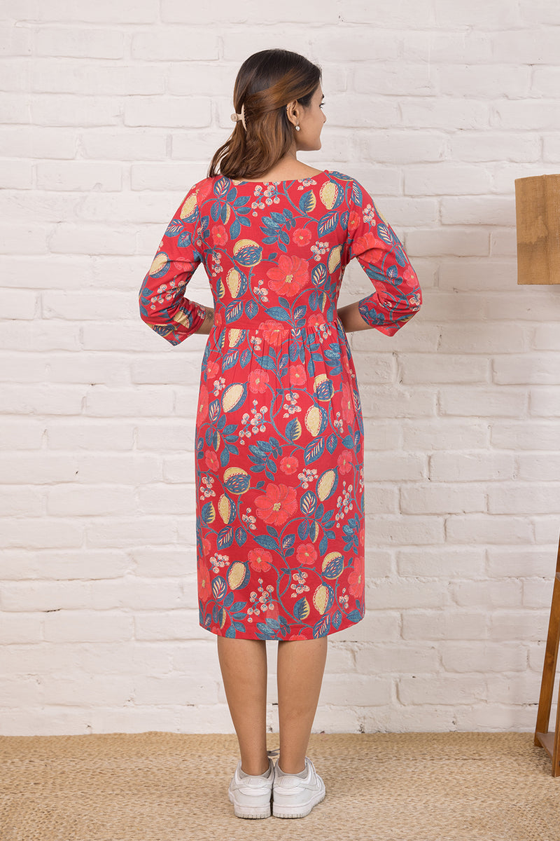 Printed Cotton  Dress with Stitch Detail in Red