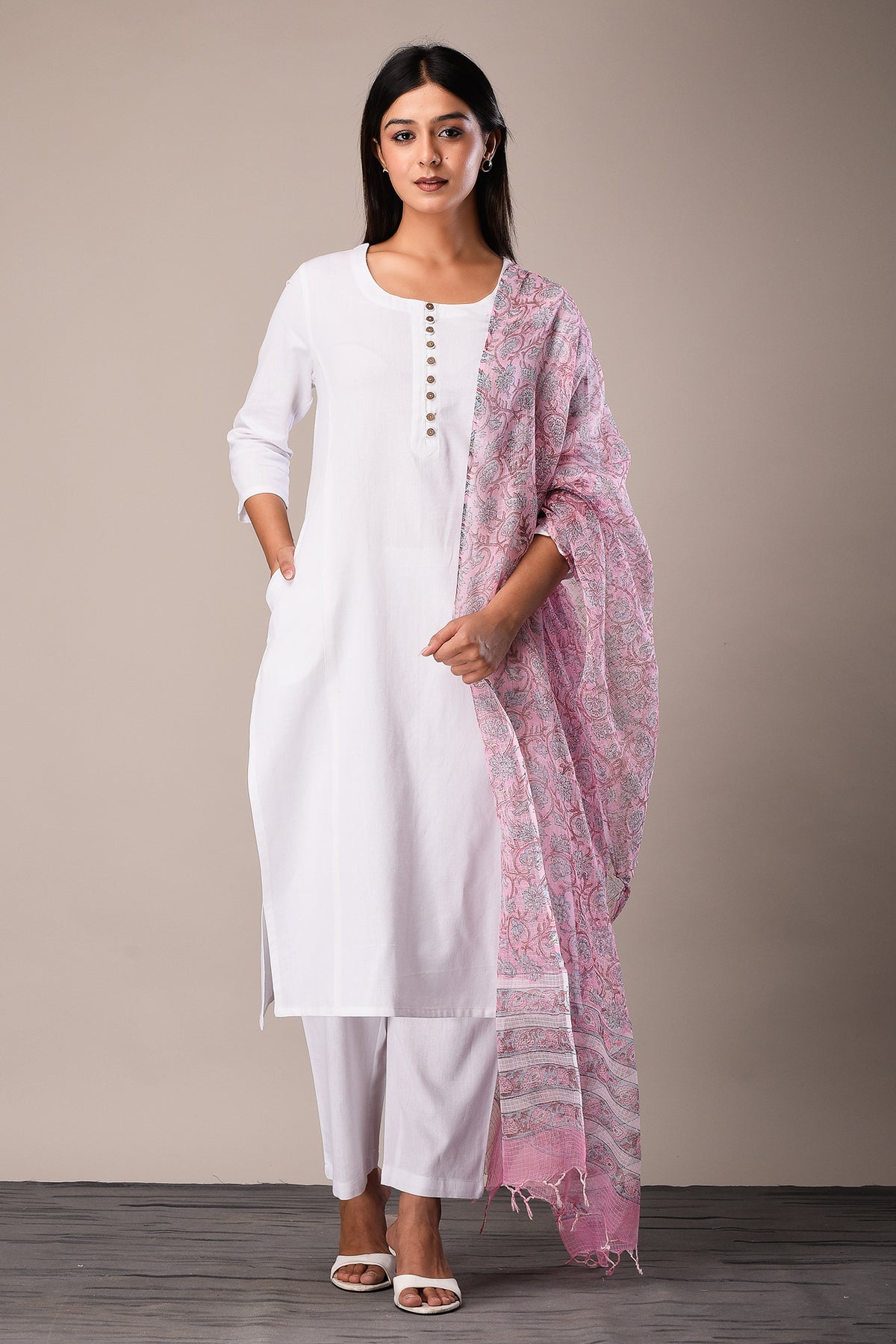 Linen Cotton Kurta with Button detail White