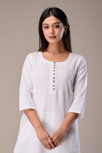 Linen Cotton Kurta with Button detail White