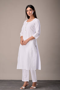 Linen Cotton Kurta with Button detail White