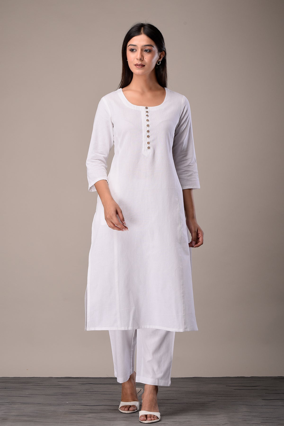 Linen Cotton Kurta with Button detail White