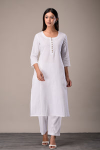 Linen Cotton Kurta with Button detail White