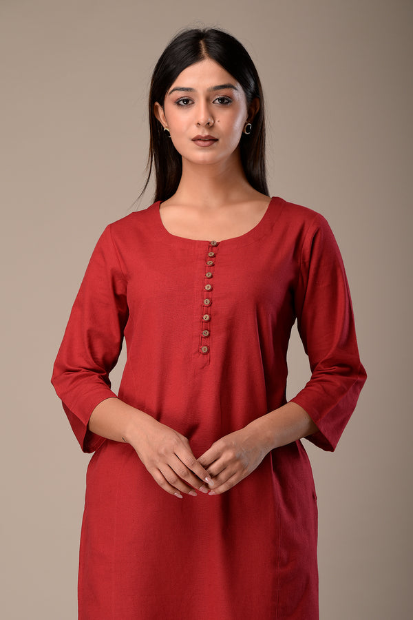 Linen Cotton Kurta with Button detail Deep Red