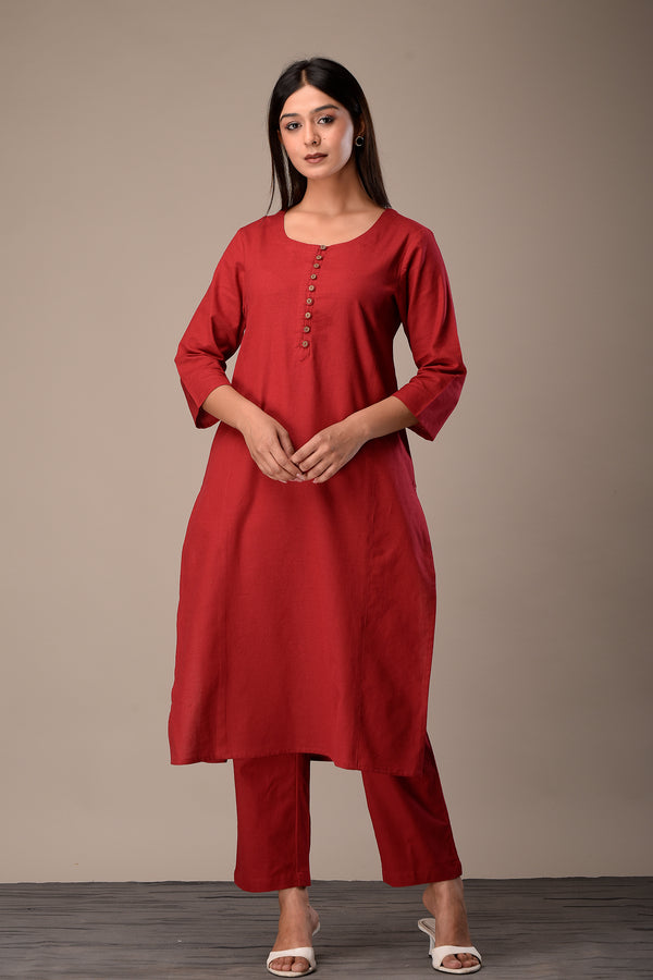 Linen Cotton Kurta with Button detail Deep Red