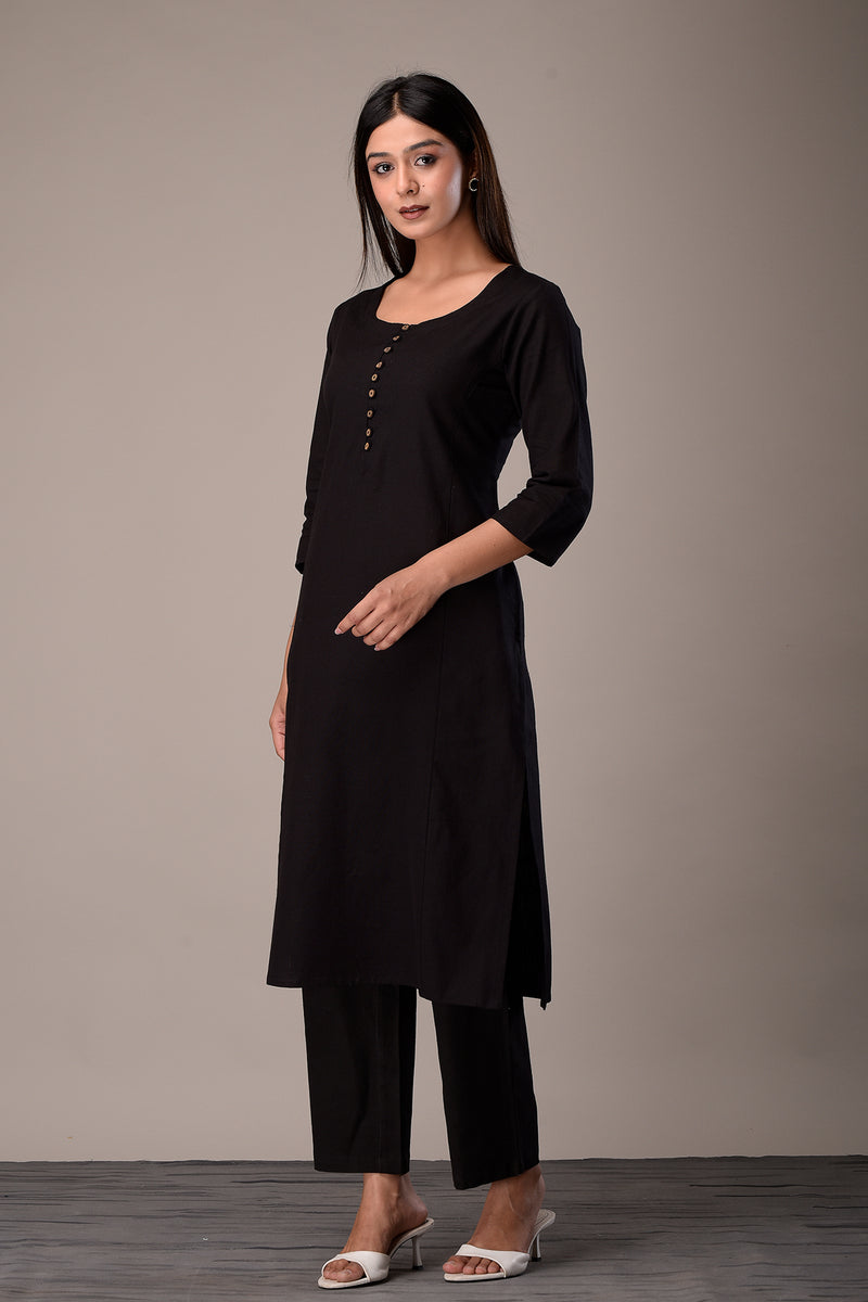 Linen Cotton Kurta with Button detail Black