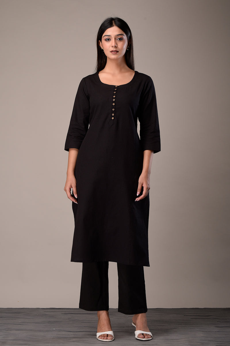 Linen Cotton Kurta with Button detail Black