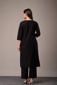 Linen Cotton Kurta with Button detail Black