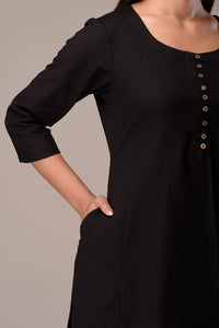 Linen Cotton Kurta with Button detail Black