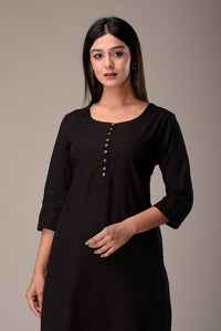 Linen Cotton Kurta with Button detail Black