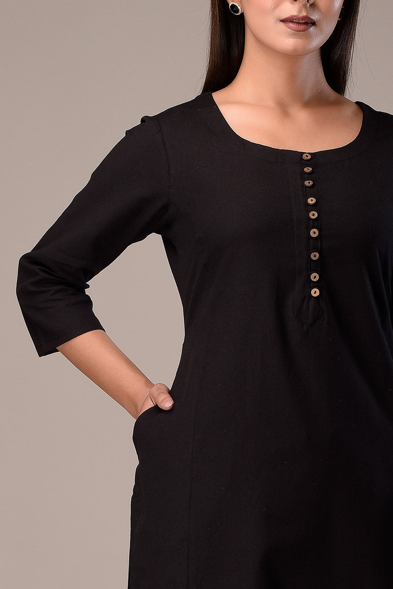 Linen Cotton Kurta with Button detail Black