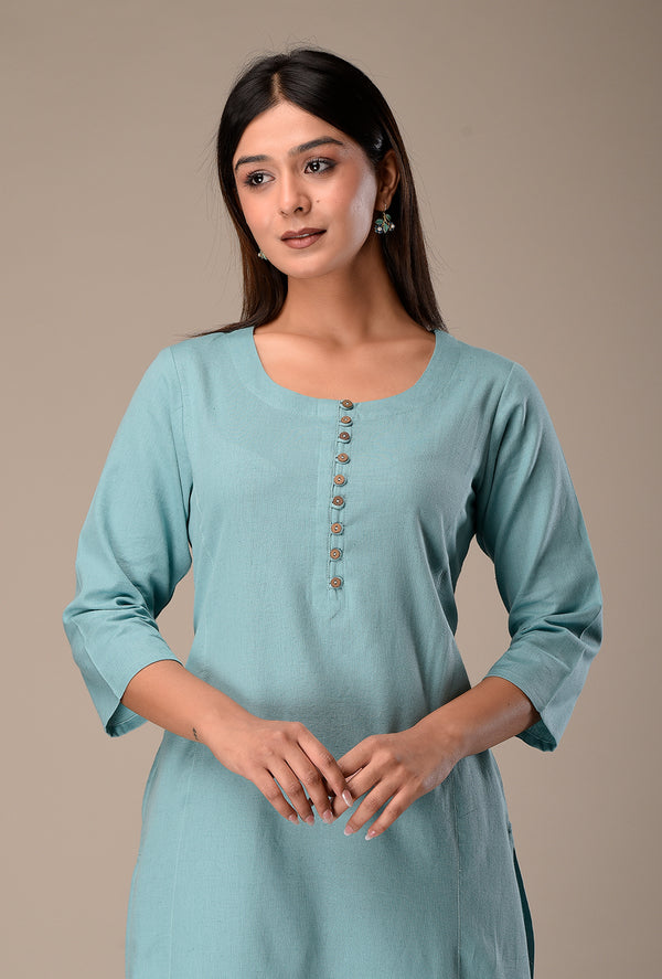 Linen Cotton Kurta with Button detail Sea Green