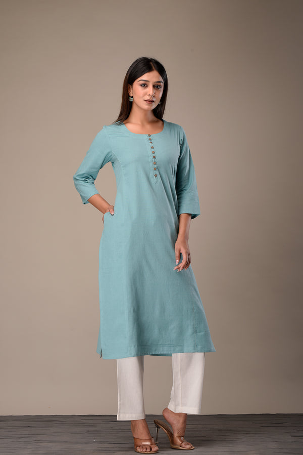 Linen Cotton Kurta with Button detail Sea Green