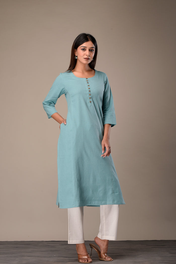 Linen Cotton Kurta with Button detail Sea Green