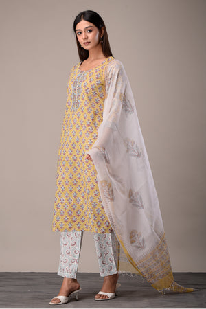 Yellow - Block Print Cotton Sanganeri Kurta Set 01