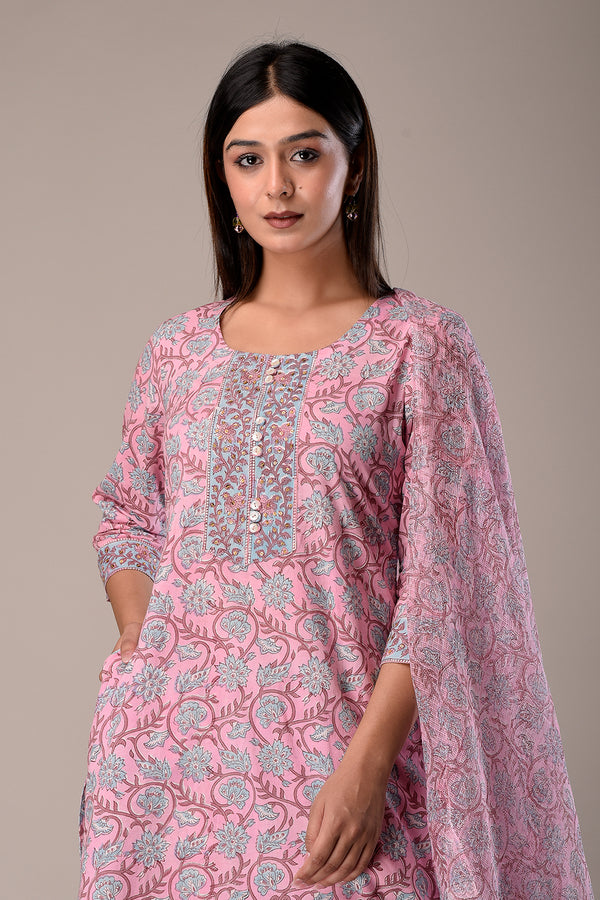 Pink Sanganeri Block Print Kurta Set with Kota Dupatta