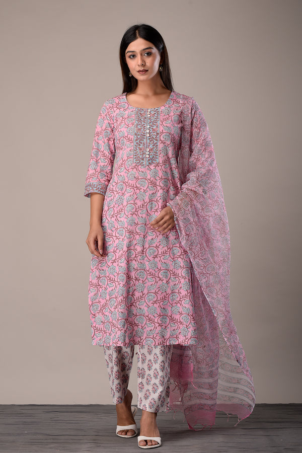 Pink Sanganeri Block Print Kurta Set with Kota Dupatta