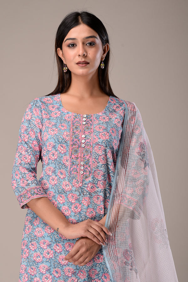 Blue Sanganeri Block Print Kurta Set with Kota Dupatta