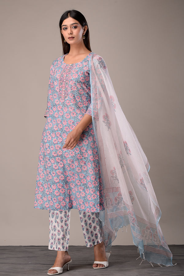 Blue Sanganeri Block Print Kurta Set with Kota Dupatta