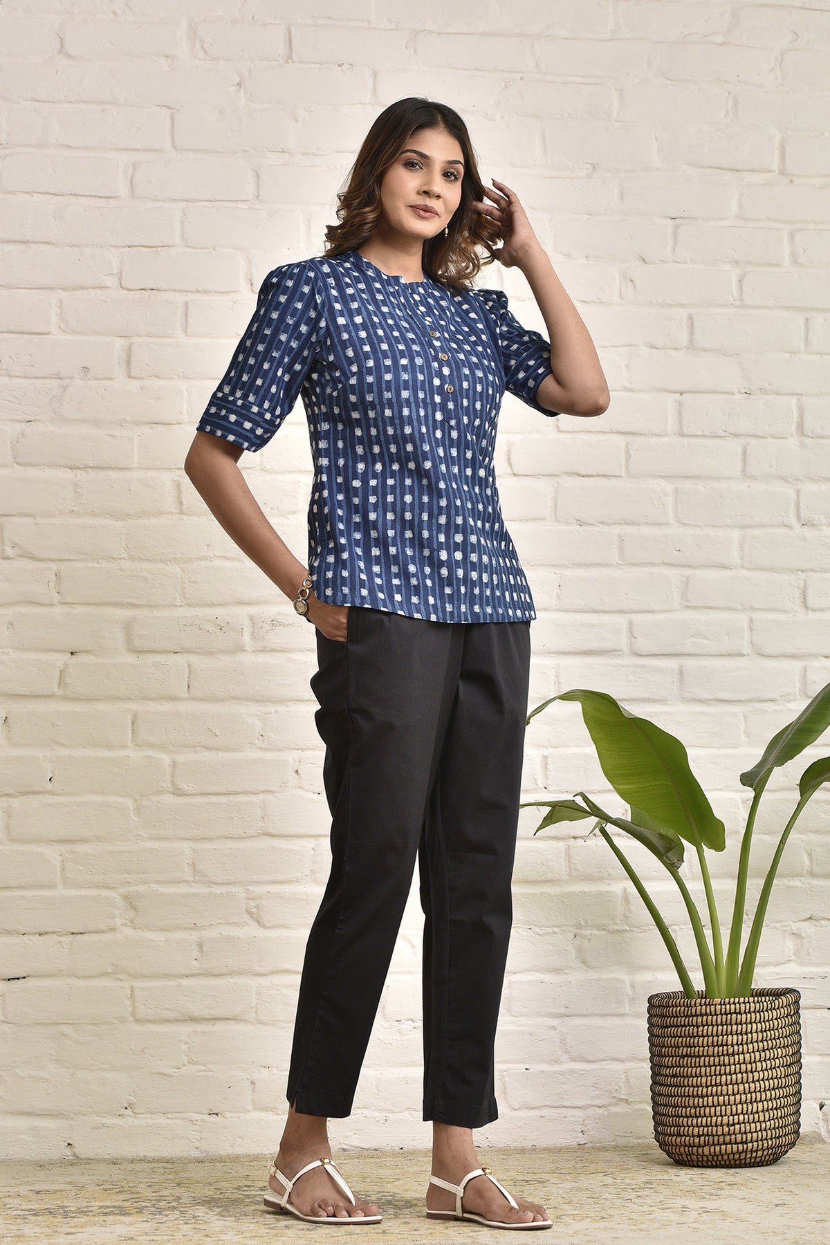 Womens Mandarin Collar Tunic in Blockprint