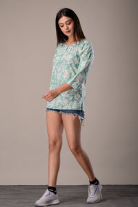 Raglan Sleeve Cotton Printed Top Mint Green