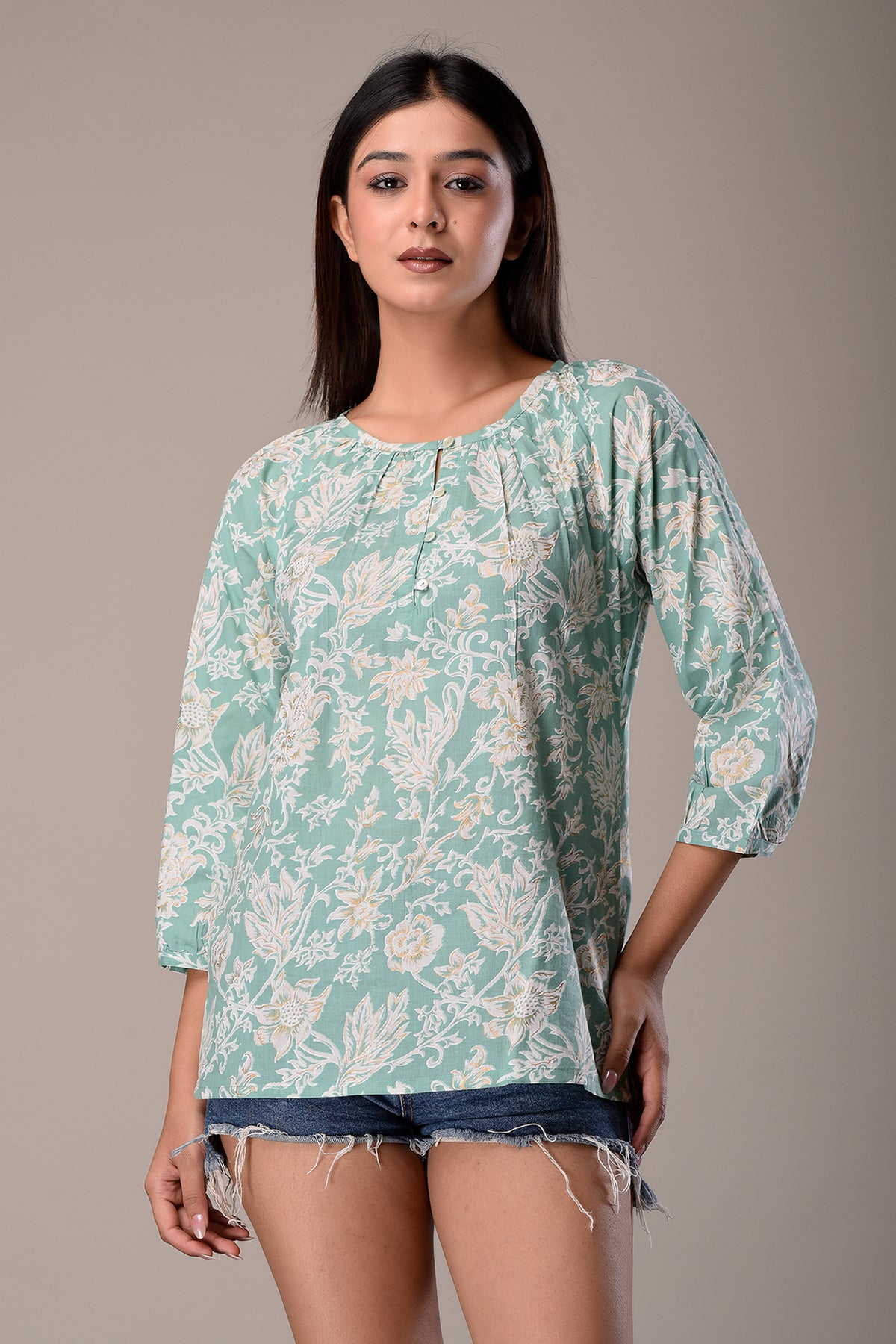 Raglan Sleeve Cotton Printed Top Mint Green