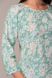 Raglan Sleeve Cotton Printed Top Mint Green