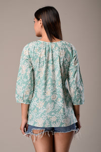 Raglan Sleeve Cotton Printed Top Mint Green