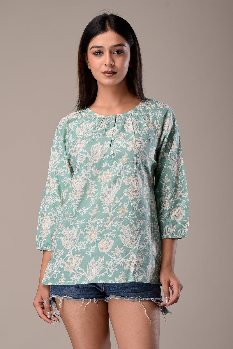 Raglan Sleeve Cotton Printed Top Mint Green