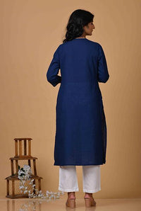 Navy Kurta With Hand Embroidered Fishes - Indirookh