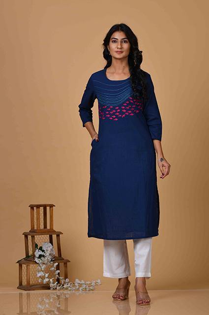 Navy Kurta With Hand Embroidered Fishes - Indirookh