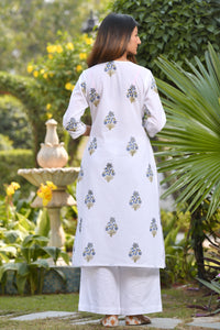 Mughal Boota Kurta in White & Blue