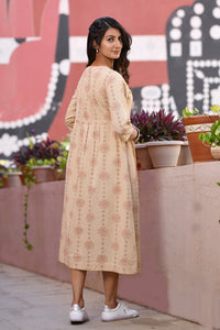 Beige Long Dress in Printed Cotton
