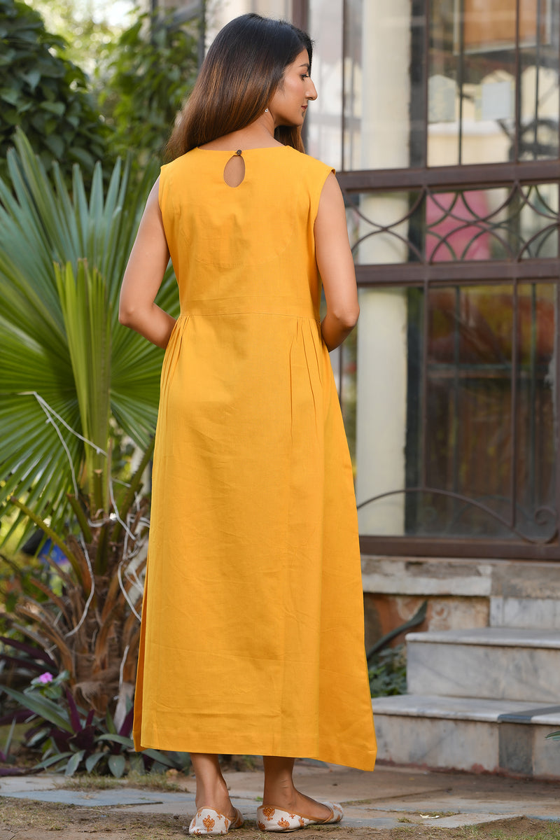 Mustard Long Dress in Linen Cotton