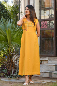 Mustard Long Dress in Linen Cotton