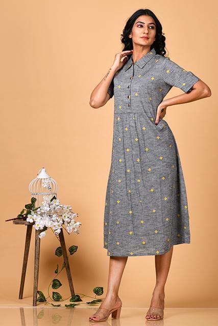 A-Line Dress in Handloom Cotton Fabric - Indirookh
