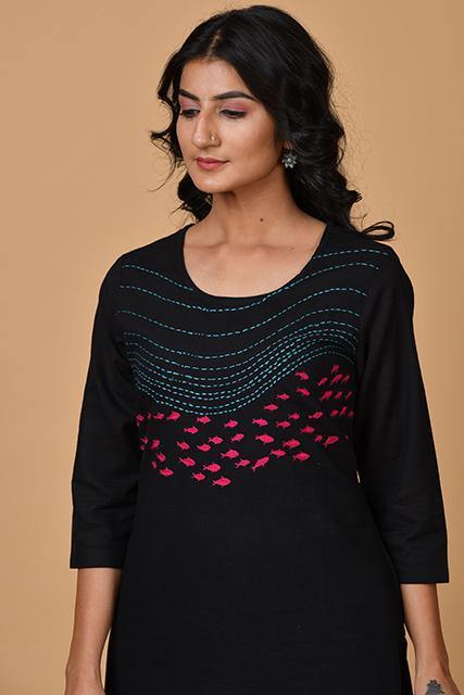 Black Kurta With Hand Embroidered Fishes - Indirookh